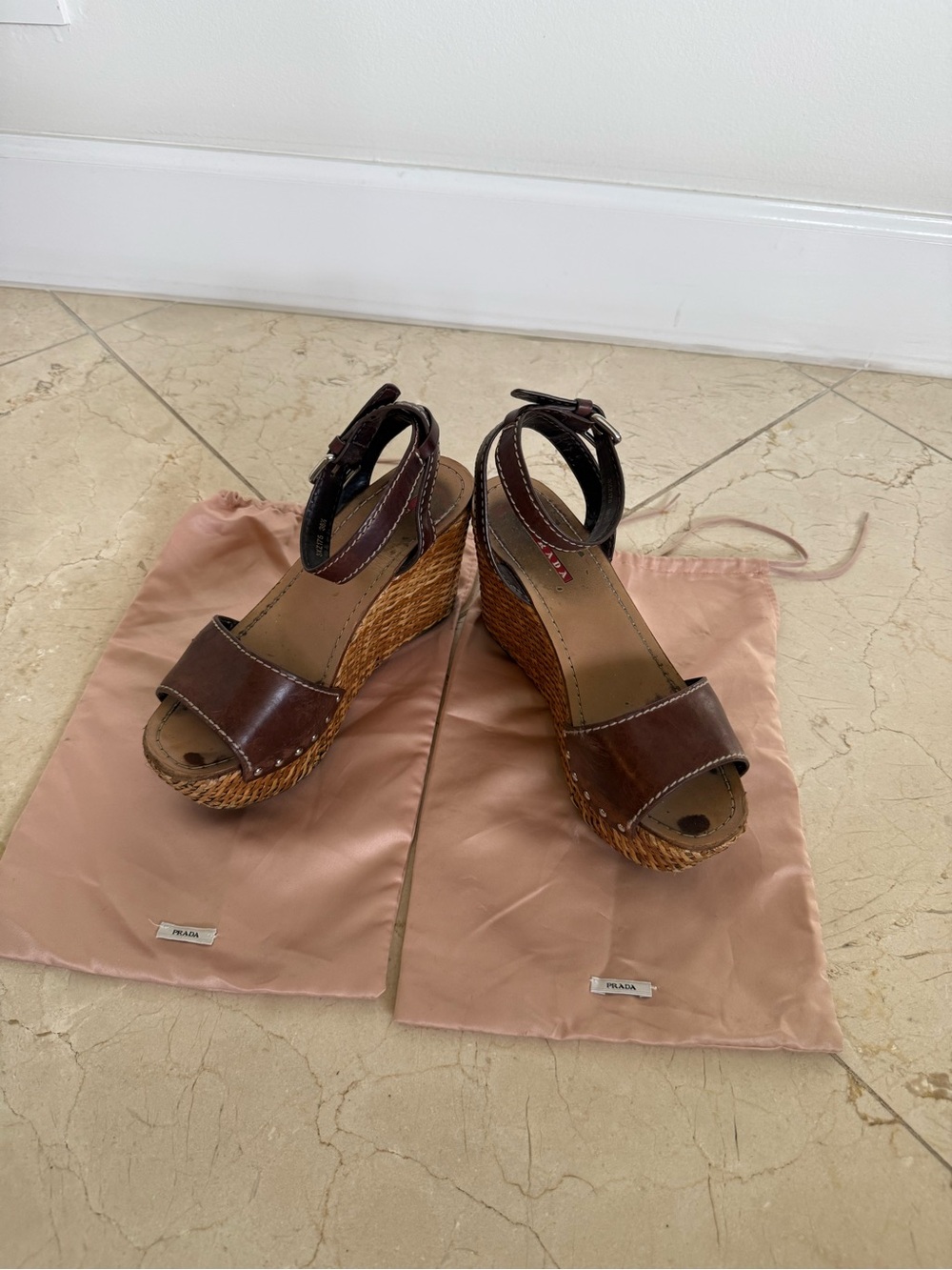 Prada 3XZ175 Brown Leather Raffia Wedge Sandals 38.5